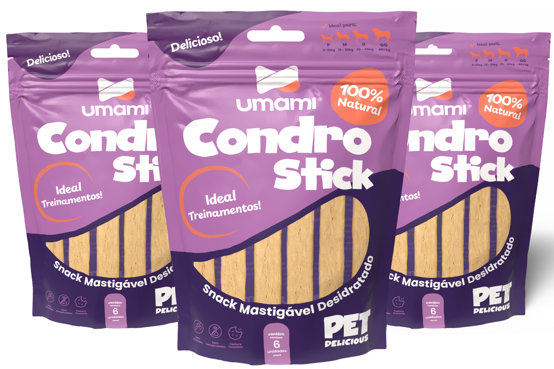 Umami | Kit x 3 | Condro Stick | 100% Natural | Textura Crocante | Ideal para Treinamento | Contém 18 unidades