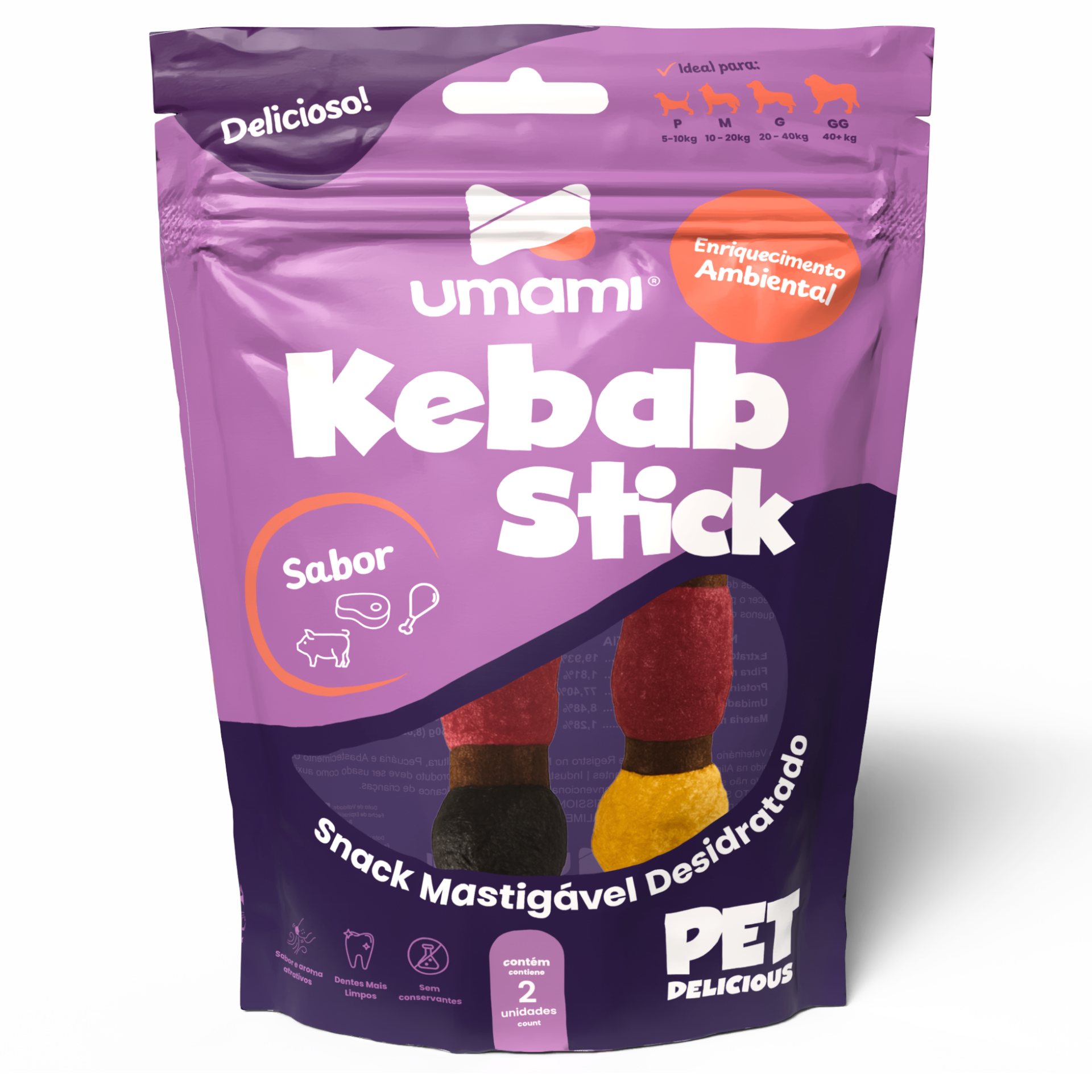 Umami | Kebab Stick | Couro Bovino Natural | Crocante e Saboroso | Enriquecimento Ambiental | Contém 2 unidades 