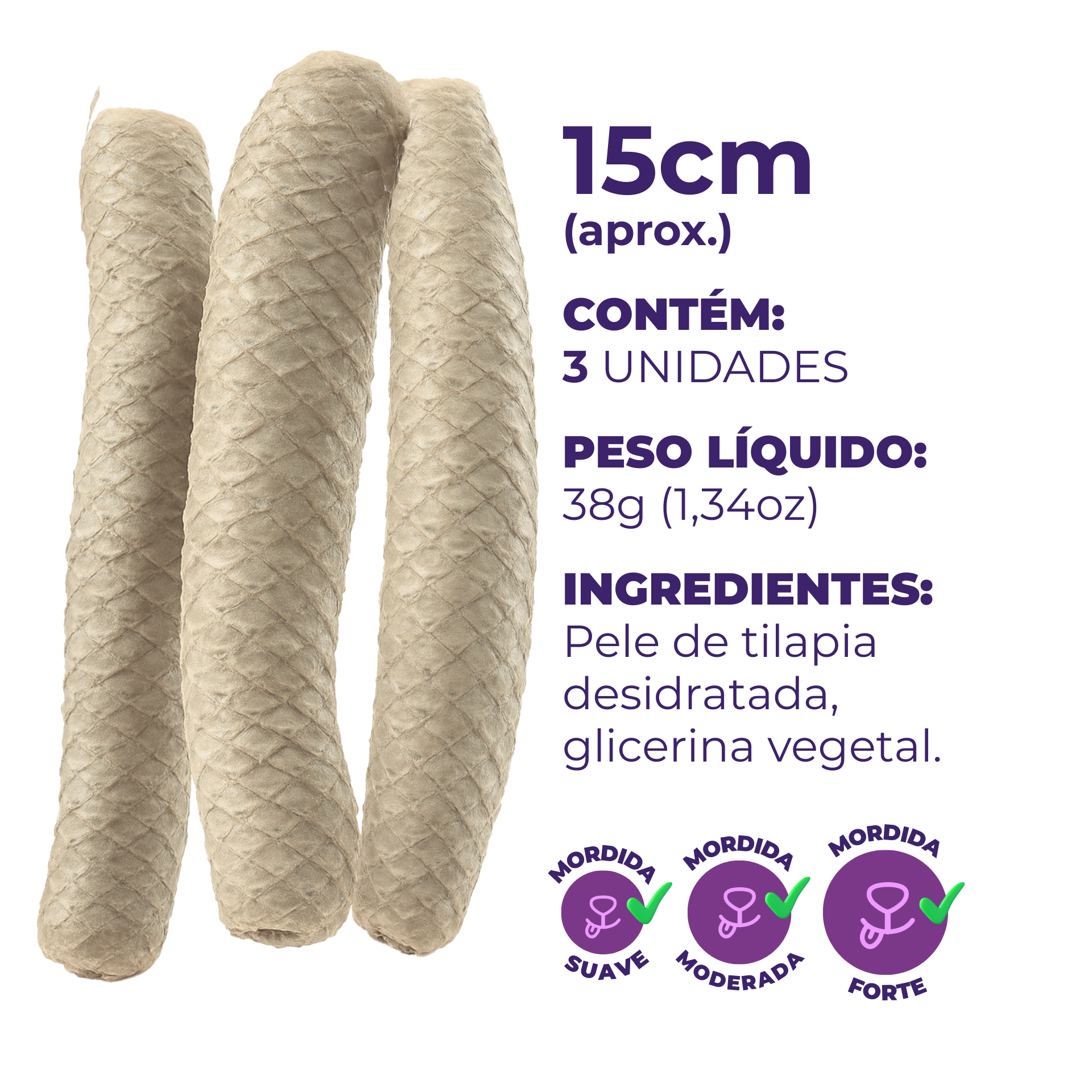 Umami | Ômega Stick | Pele de Tilápia Natural | 100% Natural | Enriquecimento Ambiental | Contém 3 unidades
