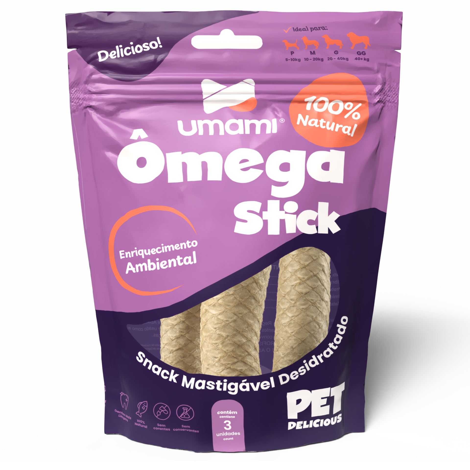 Umami | Ômega Stick | Pele de Tilápia Natural | 100% Natural | Enriquecimento Ambiental | Contém 3 unidades