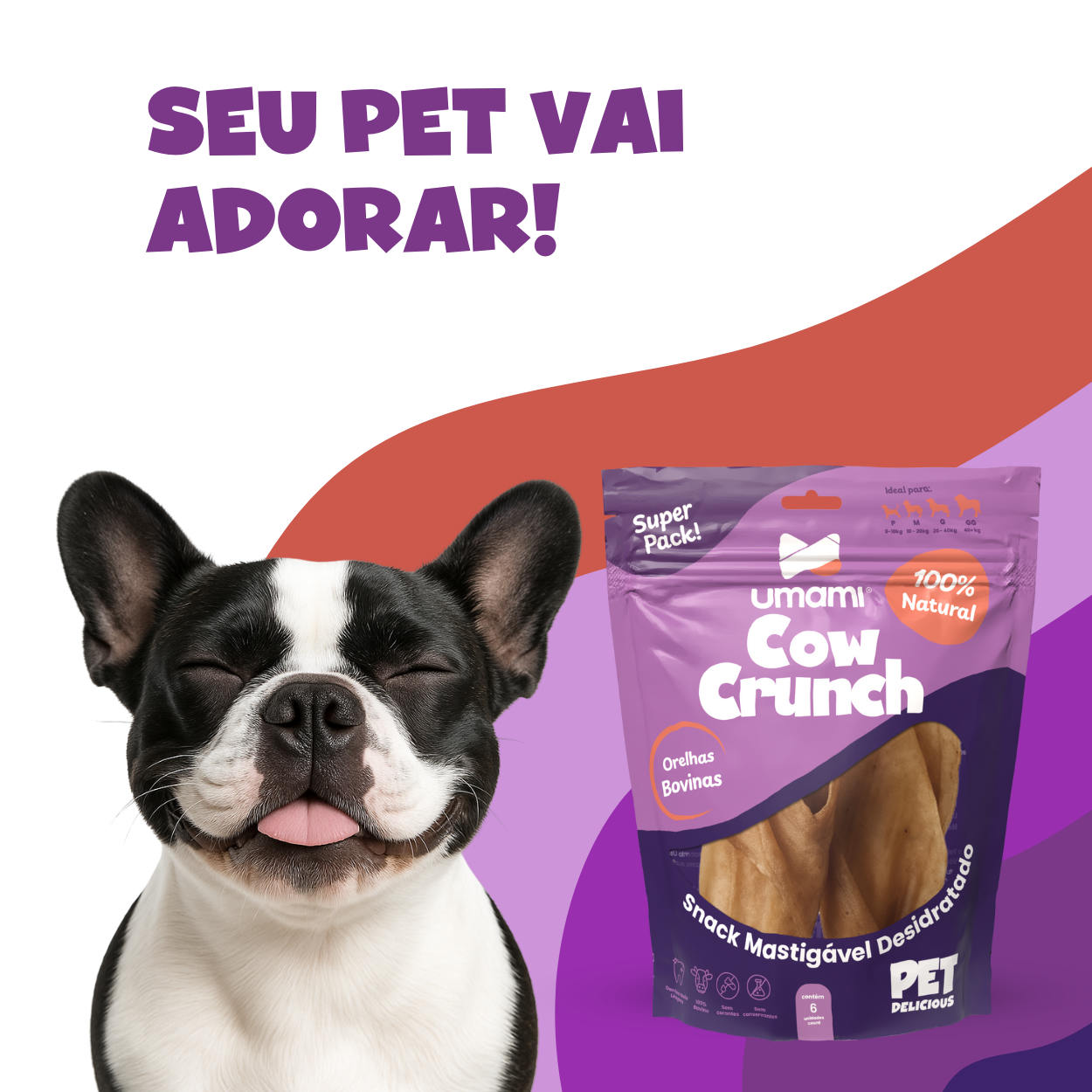 Umami | Cow Crunch | Orelhas Bovinas 100% Naturais | Crocantes e Deliciosas | Sem Corantes e Conservantes | Contém 6 unidades