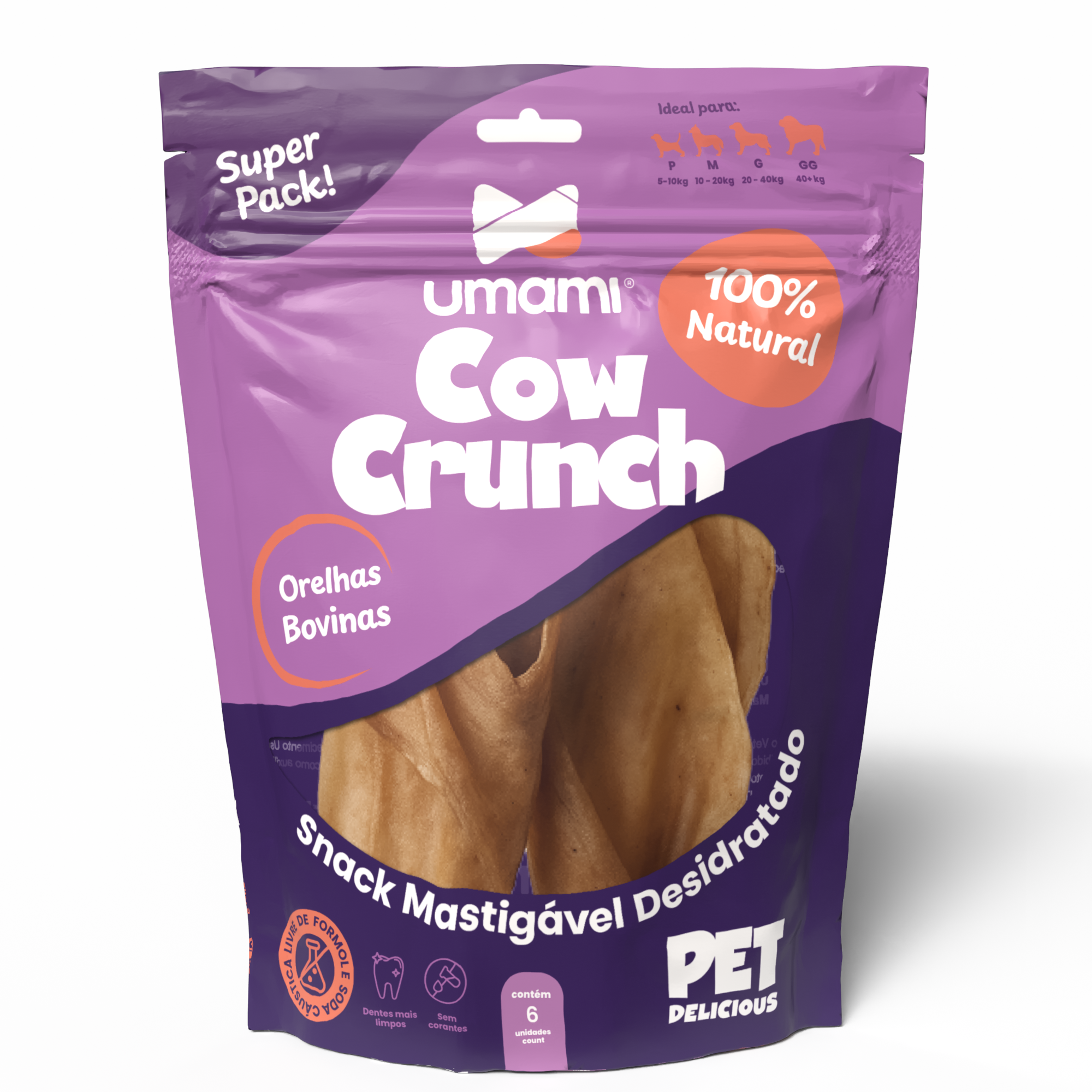 Umami | Cow Crunch | Orelhas Bovinas 100% Naturais | Crocantes e Deliciosas | Sem Corantes e Conservantes | Contém 6 unidades